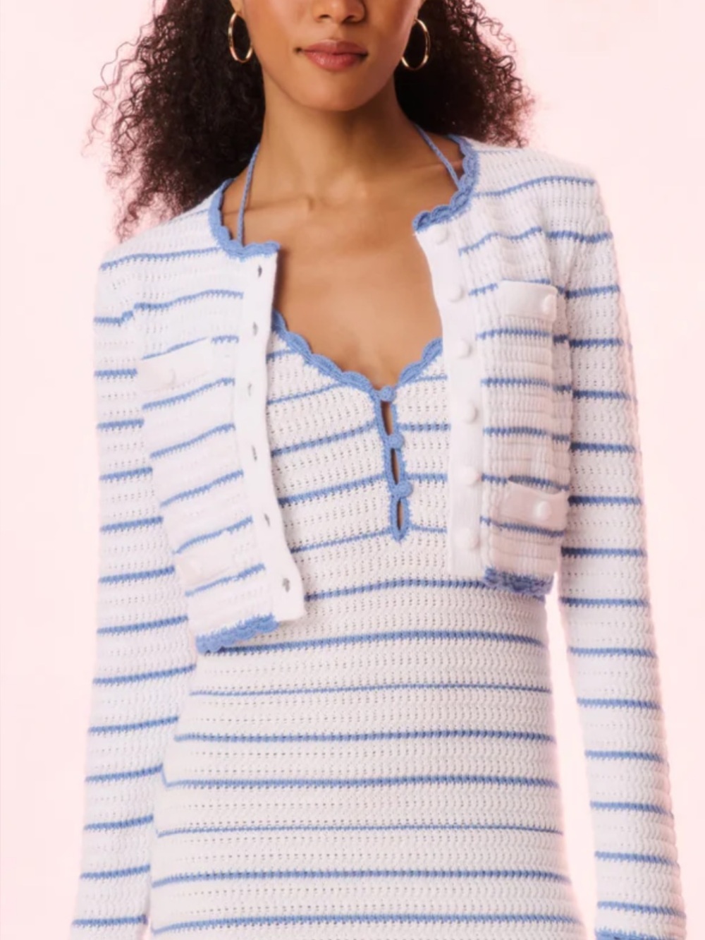 LoveShackFancy White and Light Blue Striped Cropped Cardigan